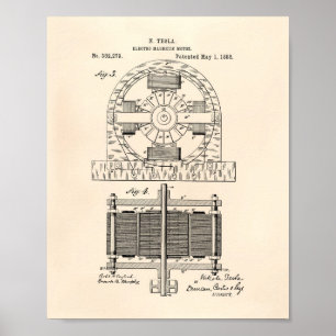 Nikola Tesla 1888 Patent Art - Old Peper Poster