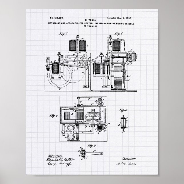 Nikola Tesla 1898 Patent Art - Lined Peper Poster (Front)
