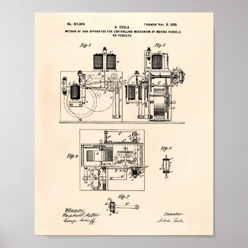 Nikola Tesla 1898 Patent Art _ Old Peper Poster