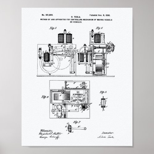 Nikola Tesla 1898 Patent Art _ White Paper Poster