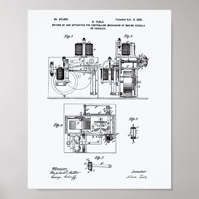 Nikola Tesla 1898 Patent Art - White Paper Poster (Front)