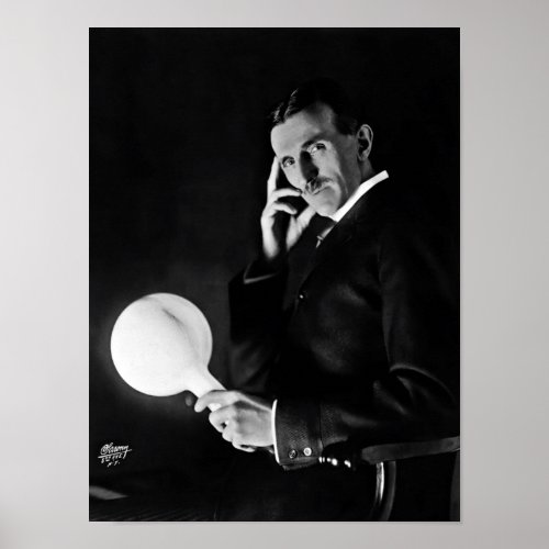 Nikola Tesla and Phosphor Wireless Lightbulb Poster