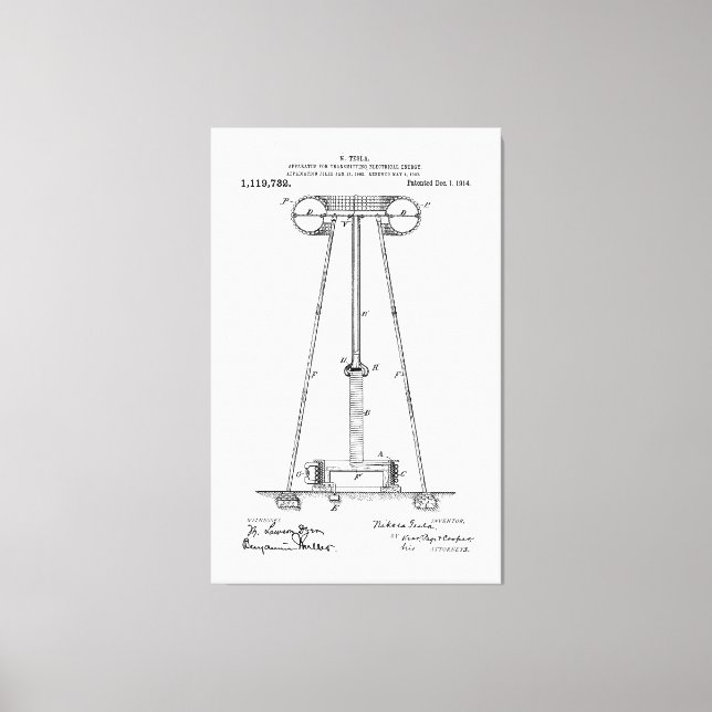 Nikola Tesla Energy Transmission Pantent US1119732 Canvas Print (Front)