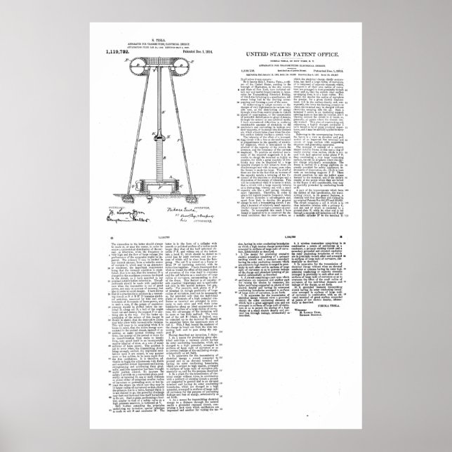 Nikola Tesla Energy Transmission Pantent US1119732 Poster (Front)