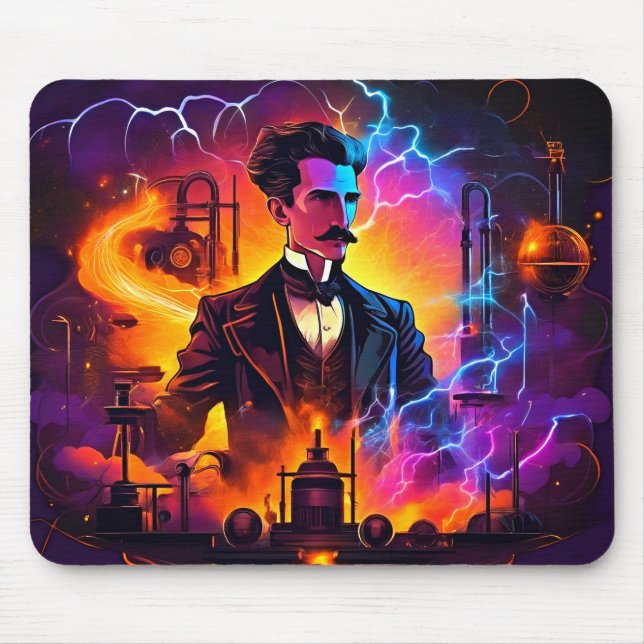 Nikola Tesla Neon Retro-Futurism Mouse Pad (Front)