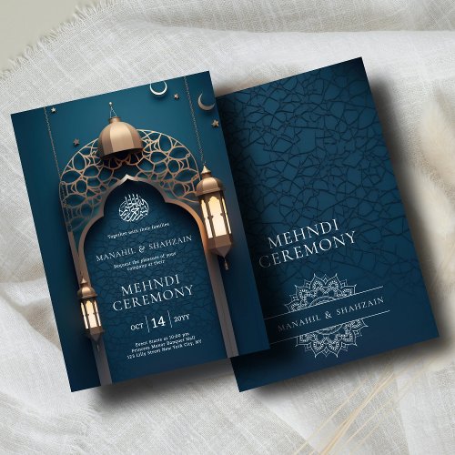 Nile Blue Islamic 3D Arch Elegant Mehndi Ceremony Invitation