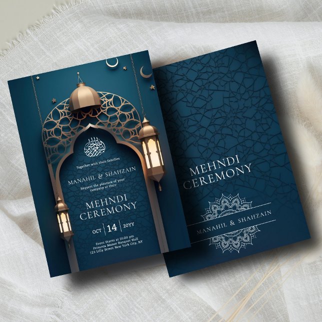 Nile Blue Islamic 3D Arch Elegant Mehndi Ceremony Invitation (Creator Uploaded)