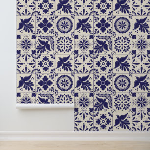 Nile Blue Linen Mexican Traditional Talavera Tiles Wallpaper