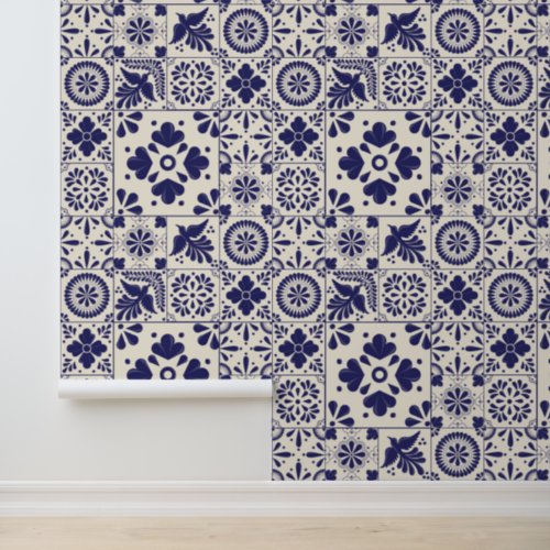 Nile Blue Linen Mexican Traditional Talavera Tiles Wallpaper