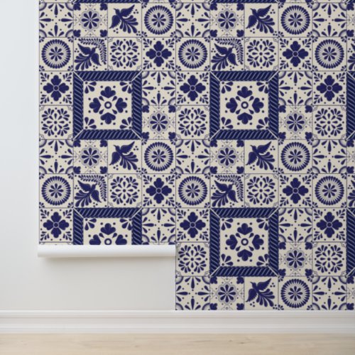 Nile Blue Linen Mexican Traditional Talavera Tiles Wallpaper