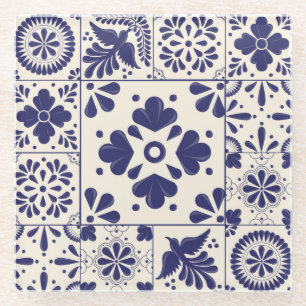 Nile Blue Mexican Traditional Floral Talavera Glass Coaster