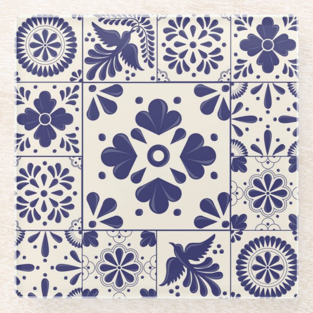 Nile Blue Mexican Traditional Floral Talavera  Glass Coaster (Front)
