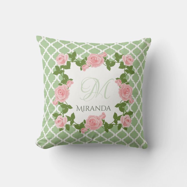 Nile Green Quatrefoil Pink Rose Monogram With Name Throw Pillow (Front)