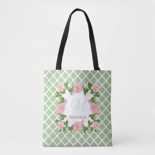 Nile Green Quatrefoil Pink Rose Monogram With Name Tote Bag (Front)