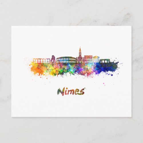 Nimes skyline in watercolor postcard
