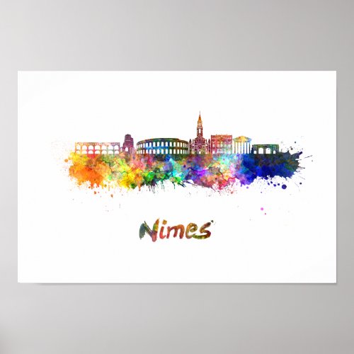 Nimes skyline in watercolor poster