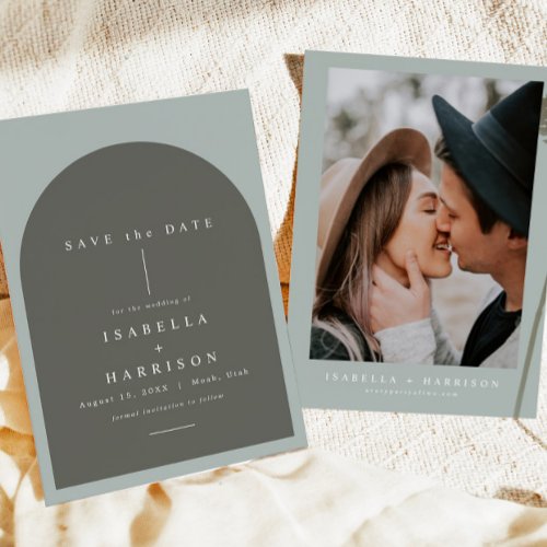 NINA Boho Sage Green Arched Photo Save the Date Invitation