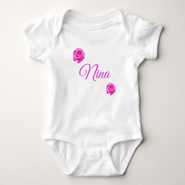 Nina, Name With Pink Roses, Baby Bodysuit (Front)