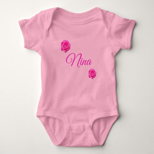 Nina, Name With Pink Roses, Baby Bodysuit (Front)