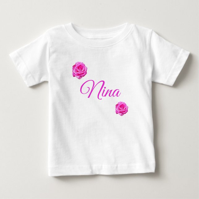 Nina, Name With Pink Roses,  Baby T-Shirt (Front)