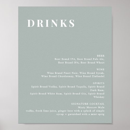 NINA Sage Green Modern Bar Menu Sign