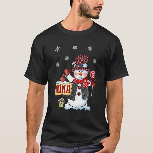 Nina Snowman Christmas Candy Cane Red Plaid Santa T-Shirt (Front)
