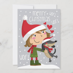 Niña y perro salchicha. Little girl and dachshund. Holiday Card