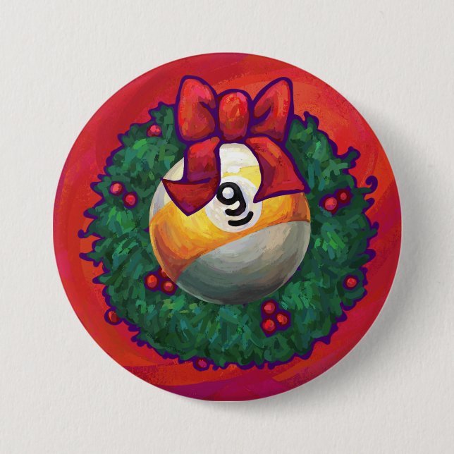 Nine Ball in Christmas Wreath on Red Button (Front)