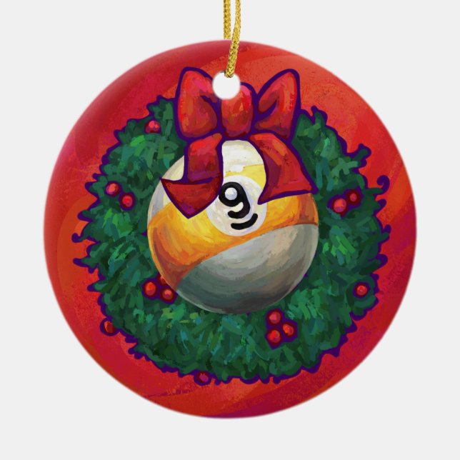 Nine Ball in Christmas Wreath on Red Ceramic Ornament (Front)