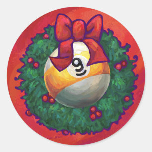 Nine Ball in Christmas Wreath on Red Classic Round Sticker