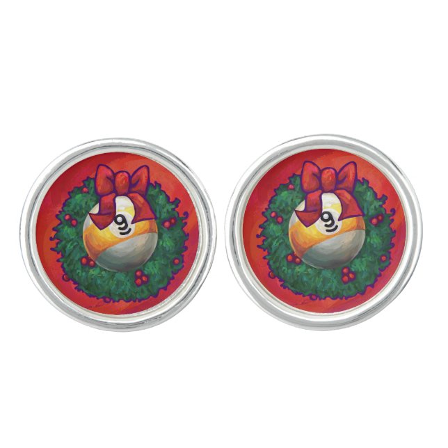 Nine Ball in Christmas Wreath on Red Cufflinks (Front)