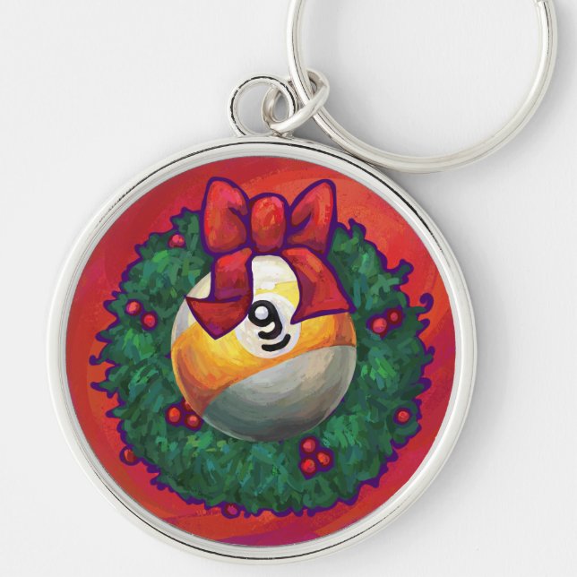 Nine Ball in Christmas Wreath on Red Keychain (Front)
