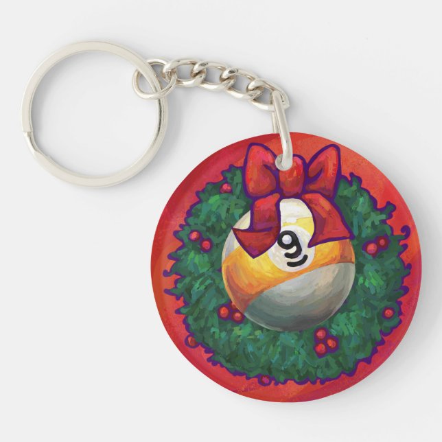 Nine Ball in Christmas Wreath on Red Keychain (Front)