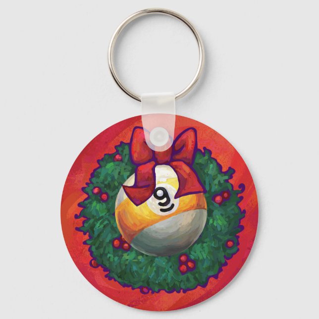 Nine Ball in Christmas Wreath on Red Keychain (Front)