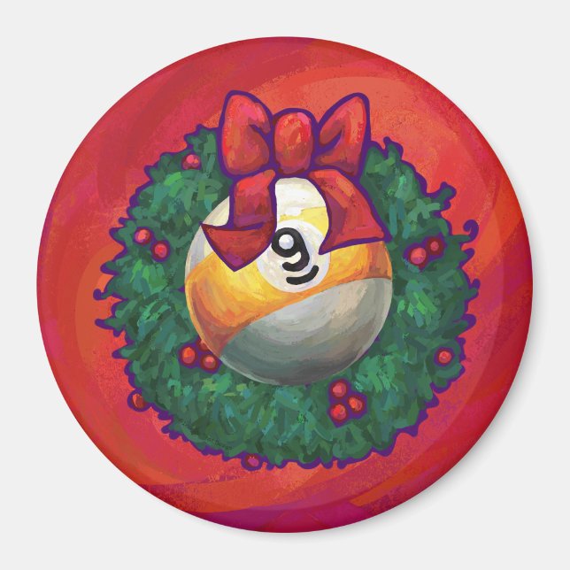 Nine Ball in Christmas Wreath on Red Magnet (Front)