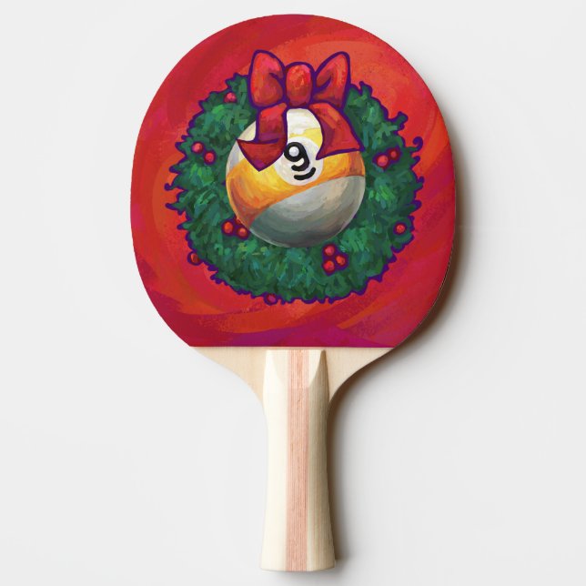 Nine Ball in Christmas Wreath on Red Ping Pong Paddle (Back)