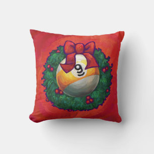 Nine Ball in Christmas Wreath on Red Throw Pillow