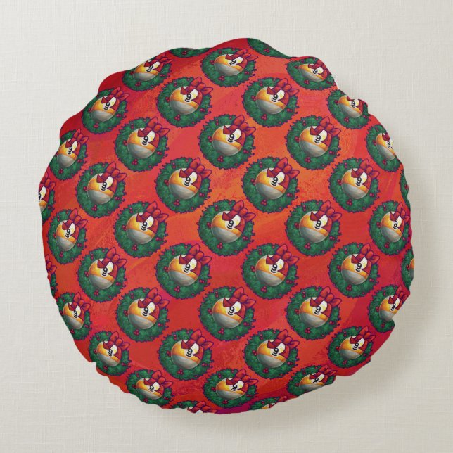Nine Ball in Christmas Wreath Pattern on Red Round Pillow (Back)
