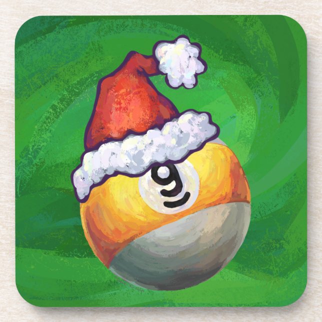 Nine Ball in Santa Hat on Green Beverage Coaster (Front)