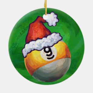 Nine Ball in Santa Hat on Green Ceramic Ornament