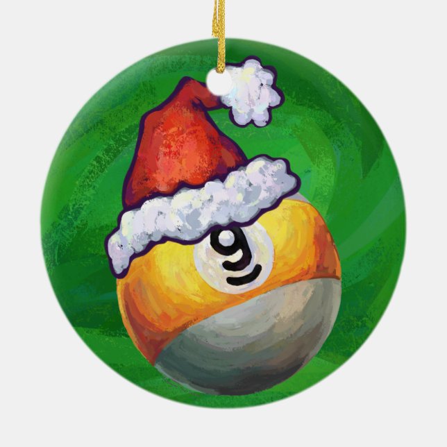 Nine Ball in Santa Hat on Green Ceramic Ornament (Back)