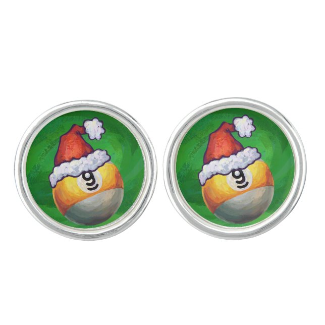 Nine Ball in Santa Hat on Green Cufflinks (Front)