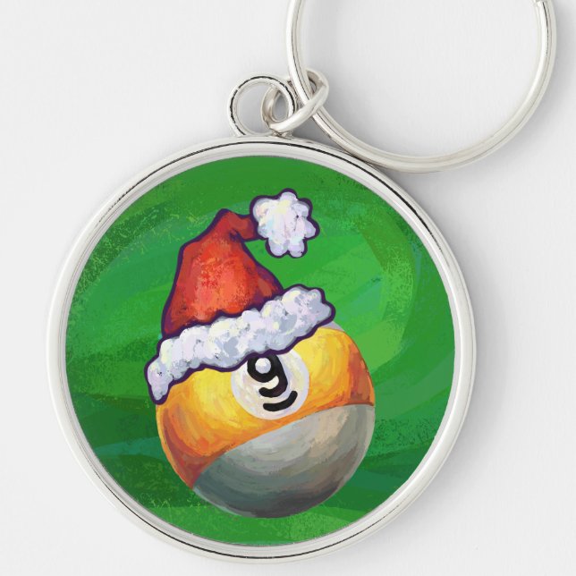Nine Ball in Santa Hat on Green Keychain (Front)