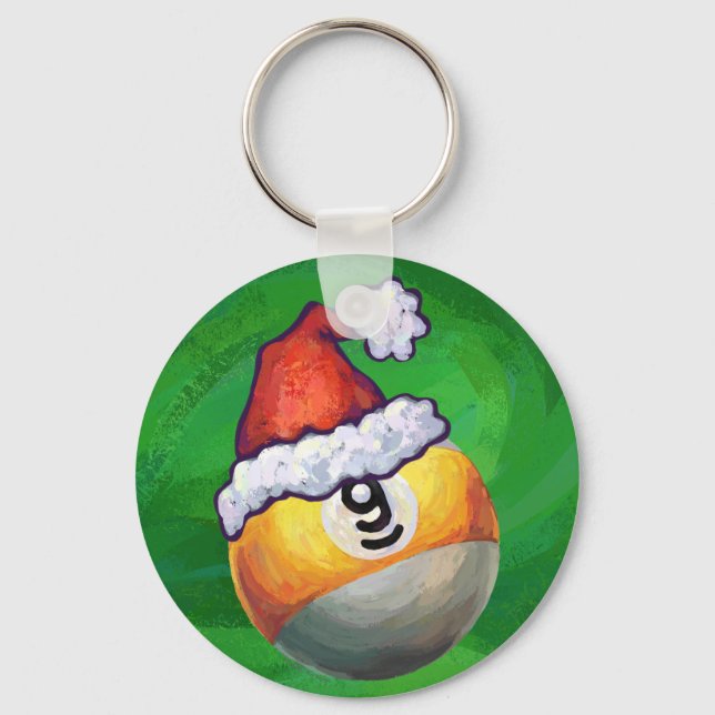 Nine Ball in Santa Hat on Green Keychain (Front)