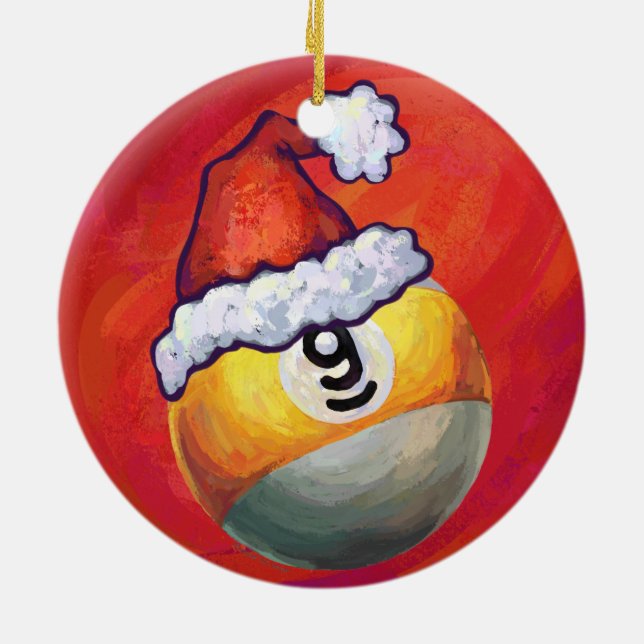 Nine Ball in Santa Hat on Red Ceramic Ornament (Back)
