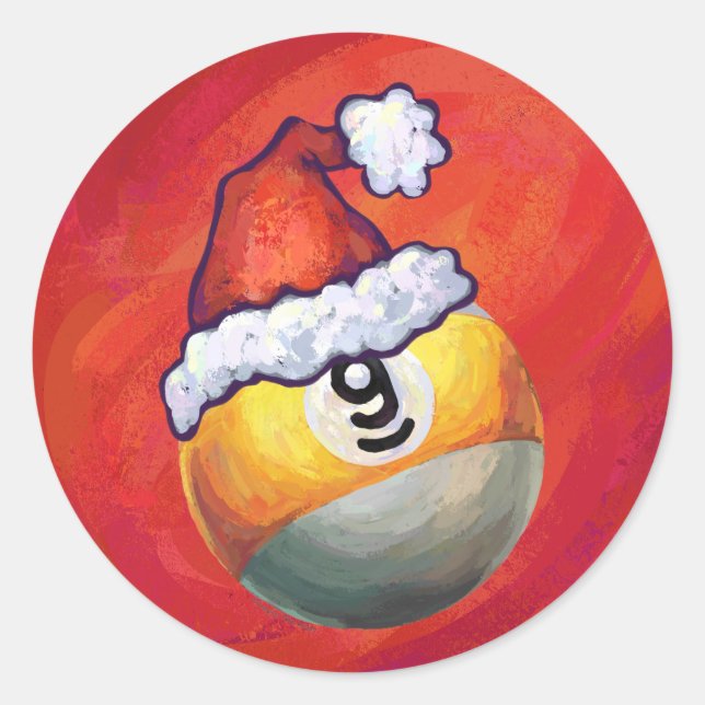 Nine Ball in Santa Hat on Red Classic Round Sticker (Front)