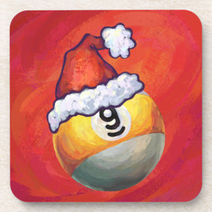 Nine Ball in Santa Hat on Red Coaster