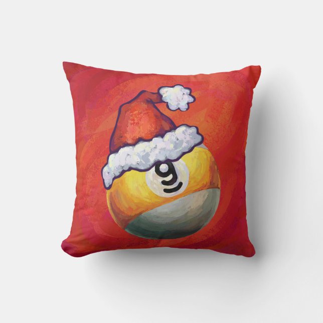 Nine Ball in Santa Hat on Red Throw Pillow (Front)