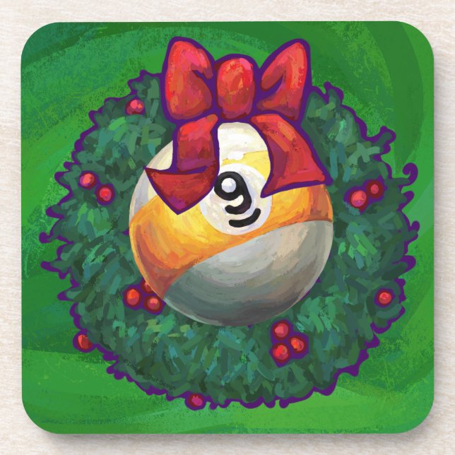 Nine Ball in Wreath on Green Beverage Coaster (Front)