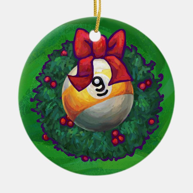 Nine Ball in Wreath on Green Ceramic Ornament (Front)